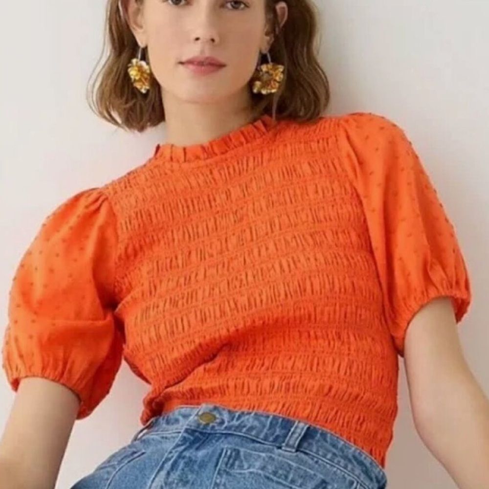 J Crew Orange Smocked Puff Sleeve Top size medium